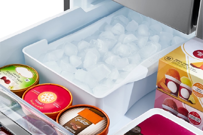 LG refrigerator with factory-installed automatic ice maker for a steady supply of ice cubes